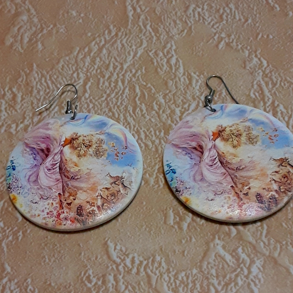 Vintage Goddess Wiccan Witch Rainbow disc earrings woodland animals Fairycore
